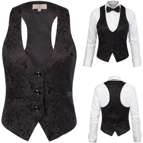 Womens Waistcoat Vest Vintage Steampunk Dress Racerback Jacquard Jacket - Picture 5 of 7